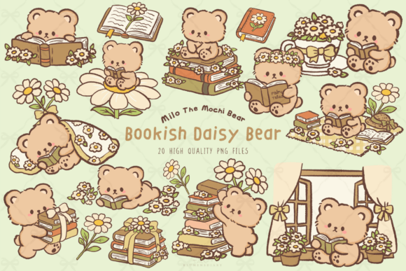 Download Kawaii Bookish Daisy Bear Clipart - Bear Collection