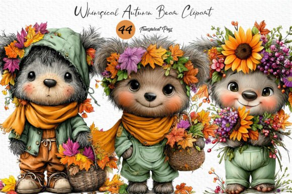 Download Whimsical Autumn Bear Clipart PNG - Bear Collection