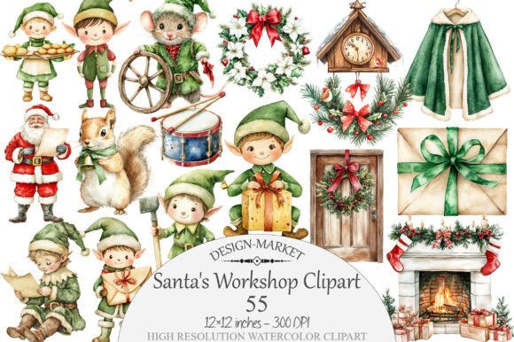 Download Watercolor Santa's Workshop Clipart - Santa Collection